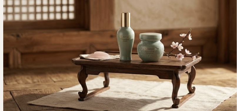 Glowryeo skincare bottle and jar styled on a traditional wooden table